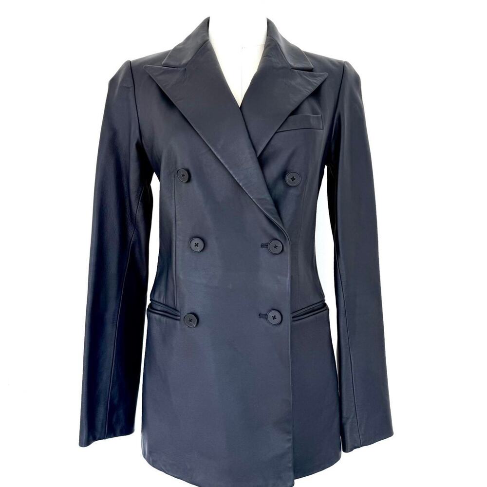 RALPH LAUREN POLO NAVY LAMB LEATHER DOUBLE BREASTED BLAZER